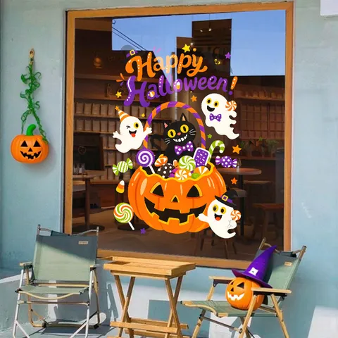 Halloween Static Cling Window Sticker Cartoon Pumpkin Candy Jar Black Cat Ghost Glass Door Cling Double Sided Color UV Printed Festival Home Shop Decor
