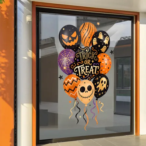 Adesivi Statici per Finestre di Halloween Palloncino Zucca Fantasma Ragnatela Decorazione Decalcomanie in PVC Rimovibili per Porte in Vetro