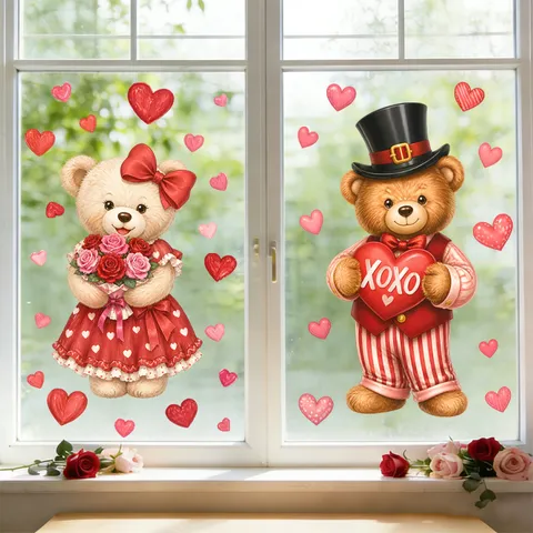 Valentine's Day Teddy Bear Couple Window Sticker Static Cling PVC Glass Door Rose XOXO Heart Romantic Shop Decoration
