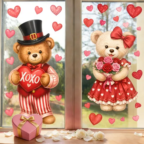 Valentine's Day Teddy Bear Couple Window Sticker Static Cling PVC Glass Door Rose XOXO Heart Romantic Shop Decoration
