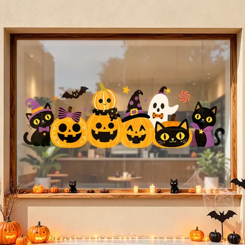 Halloween Static Window Sticker Cute Black Cat Pumpkin Ghost PVC Double Sided Decal For Store Glass Door Window Decor