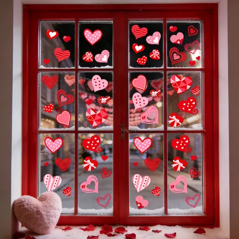 Valentine's Day Heart Static Cling Window Stickers Pink Red Geometric Love Pattern PVC Electrostatic Decals For Glass Door Shop Home Decor