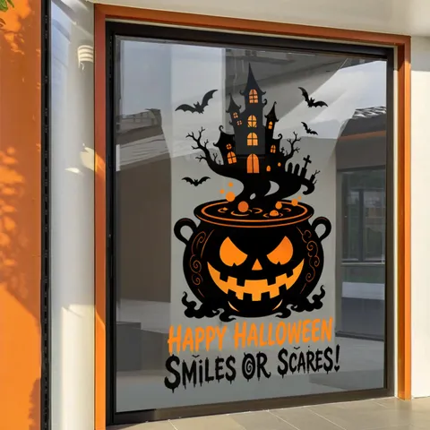 Halloween Cabeza de Calabaza Caldero Castillo Murciélago Pegatina de Ventana Atracción Estática PVC Puerta de Vidrio Calcomanía para Tienda Fiesta Hogar Decoración