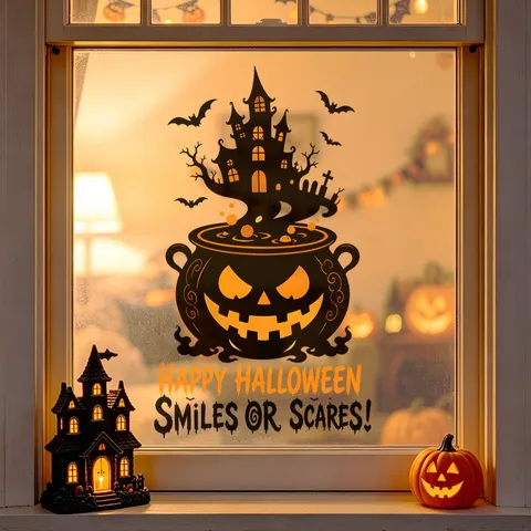 Halloween Cabeza de Calabaza Caldero Castillo Murciélago Pegatina de Ventana Atracción Estática PVC Puerta de Vidrio Calcomanía para Tienda Fiesta Hogar Decoración