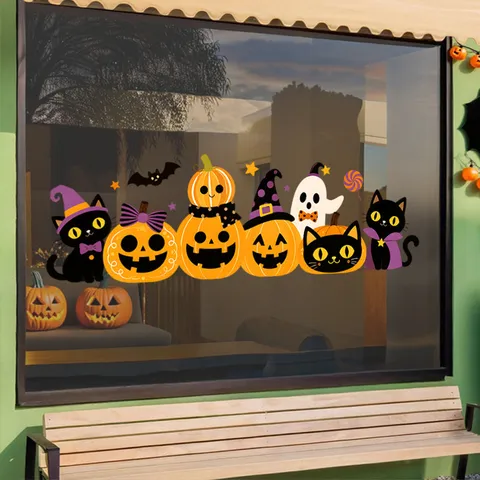 Halloween Static Window Sticker Cute Black Cat Pumpkin Ghost PVC Double Sided Decal For Store Glass Door Window Decor