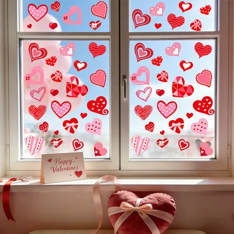 Valentine's Day Heart Static Cling Window Stickers Pink Red Geometric Love Pattern PVC Electrostatic Decals For Glass Door Shop Home Decor