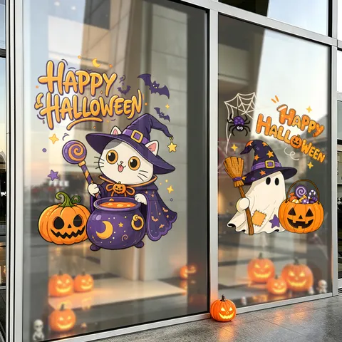 Halloween Static Cling Window Stickers Cartoon Ghost Cat Pumpkin Bat Wizard Hat Pattern PVC Glass Door Decals For Shop Home Party Decor