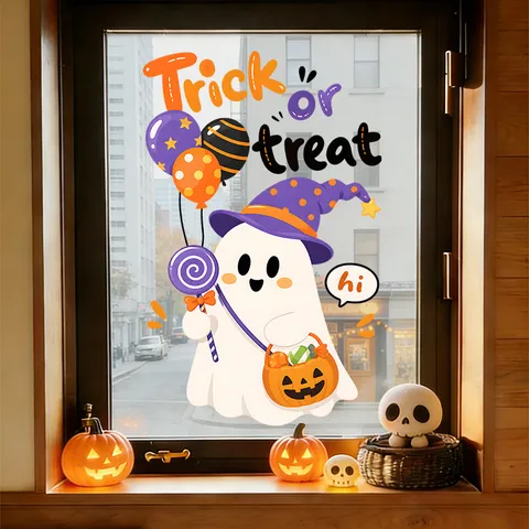 Halloween Cartoon Ghost Window Sticker PVC Static Cling Cute Pumpkin Candy Basket Balloons Window Decal For Home Shop Holiday Decoration