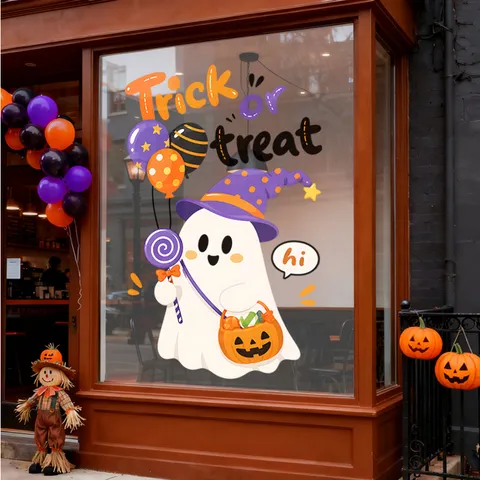 Halloween Cartoon Ghost Window Sticker PVC Static Cling Cute Pumpkin Candy Basket Balloons Window Decal For Home Shop Holiday Decoration