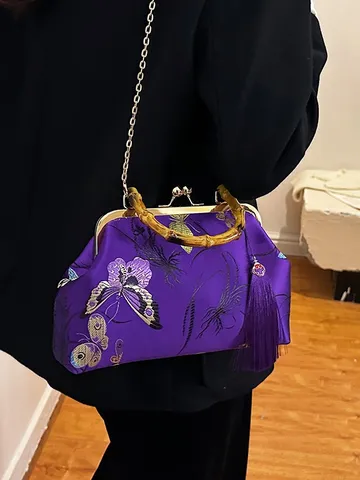 Vintage Chinese Style Velvet Embroidered Cheongsam Handbag With Bamboo Handle Tassel Butterfly Floral Kiss Lock Evening Chain Crossbody Bag For Women Wedding Banquet