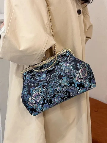 Sac à Main Style Chinois Imprimé Floral Vintage en Velours Fermoir Clic-Clac Élégant Rétro Poignée Métal Bandoulière pour Femme