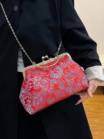 Sac à Main Style Chinois Imprimé Floral Vintage en Velours Fermoir Clic-Clac Élégant Rétro Poignée Métal Bandoulière pour Femme