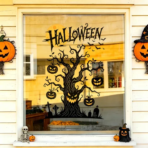 Halloween Static Window Cling Black Ghost Tree Pumpkin Tombstone Silhouette PVC Sticker For Glass Door Showcase Holiday Decoration