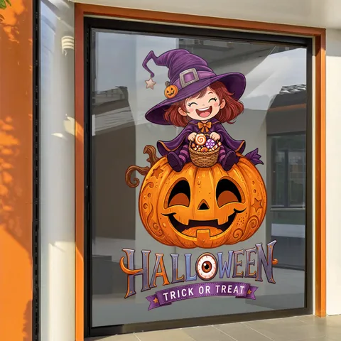 Halloween Static Cling Glass Sticker Cute Little Witch Sitting On Pumpkin Eyeballs Window Decal For Shop Restaurant Home Party Decor