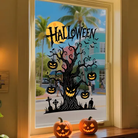 Halloween Static Window Cling Black Ghost Tree Pumpkin Tombstone Silhouette PVC Sticker For Glass Door Showcase Holiday Decoration