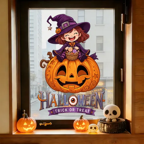 Halloween Static Cling Glass Sticker Cute Little Witch Sitting On Pumpkin Eyeballs Window Decal For Shop Restaurant Home Party Decor