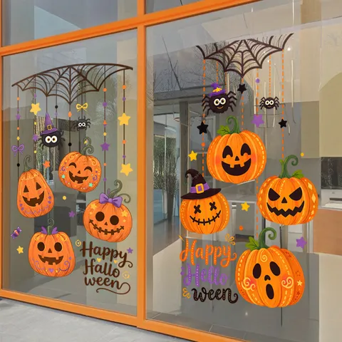Halloween Pumpkin Spider Static Window Cling Stickers PVC Glue Free Glass Door Decoration For Home Shop Festive Party Decor