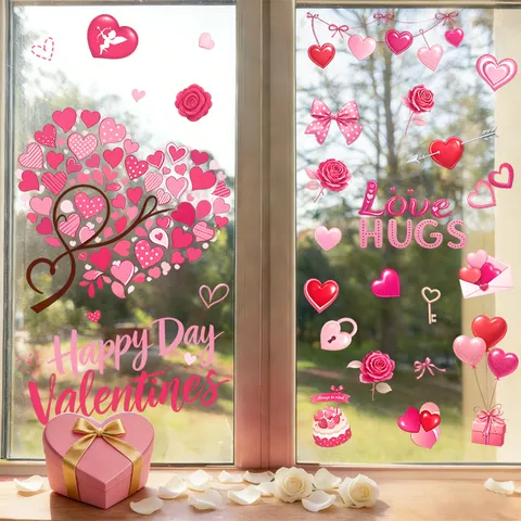 Valentine's Day Heart Window Stickers Pink Red Static Cling Heart Balloon Cupid Removable Decals For Glass Window Door Decor