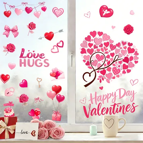 Valentine's Day Heart Window Stickers Pink Red Static Cling Heart Balloon Cupid Removable Decals For Glass Window Door Decor