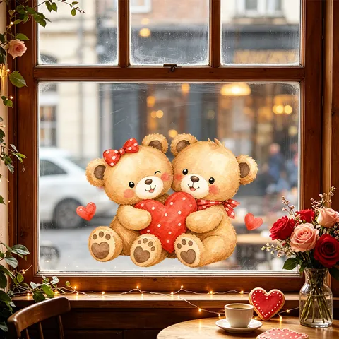 Valentine's Day Cartoon Teddy Bear Heart Static Window Sticker PVC UV Printed Romantic Glass Door Cling Home Decor