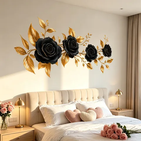 Día de San Valentín Rosa Negra Hoja de Oro Pegatina de Pared PVC Autoadhesiva Efecto 3D Calcomanía de Pared Decorativa para Dormitorio Sala de Estar Tienda Decoración