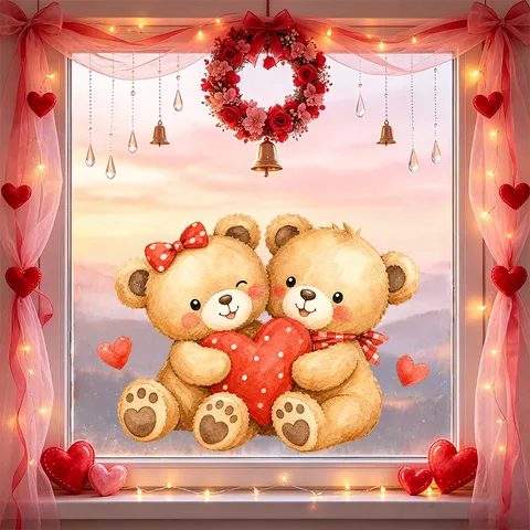 Valentine's Day Cartoon Teddy Bear Heart Static Window Sticker PVC UV Printed Romantic Glass Door Cling Home Decor