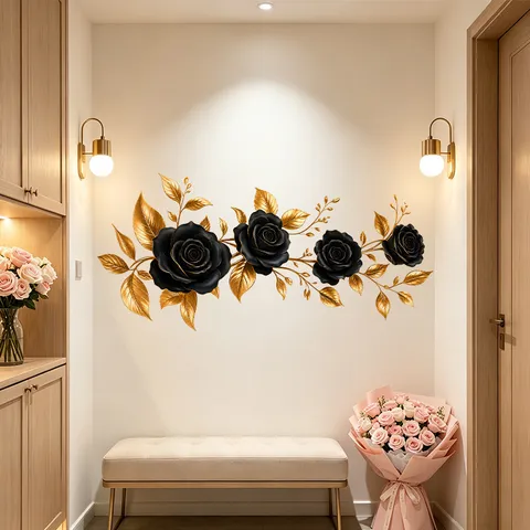 Día de San Valentín Rosa Negra Hoja de Oro Pegatina de Pared PVC Autoadhesiva Efecto 3D Calcomanía de Pared Decorativa para Dormitorio Sala de Estar Tienda Decoración