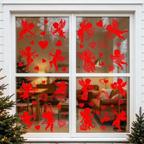 Valentine's Day Red Cupid Heart Static Cling Window Stickers Romantic Love Pattern Glass Decals For Home Shop Window Decorations