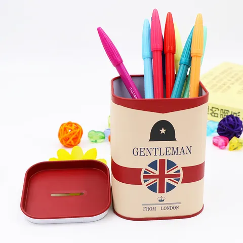Britischer Gentleman Weißblech Spardose Quadratische Metall Spardose Cartoon Stifthalter Aufbewahrungsbehälter Blechdose