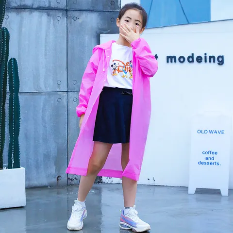 Children Solid Color Hooded Raincoat Waterproof Long Sleeve Rain Poncho Outdoor Travel Rainy Day Rainwear