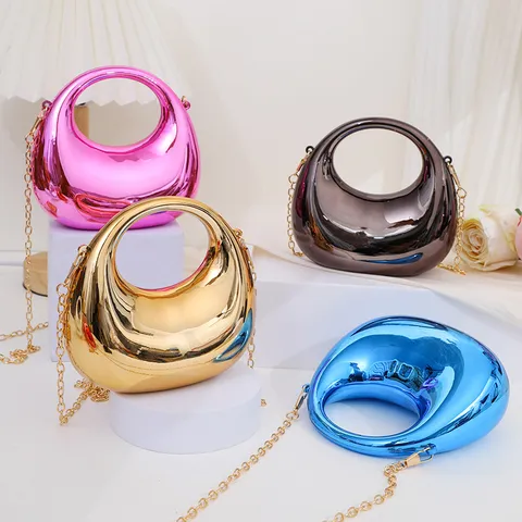 Sac Bandoulière Mini Croissant en Acrylique Tendance Sac Épaule Chaîne Métallique Brillante Mignon Porte-Monnaie Rouge à Lèvres pour Femmes