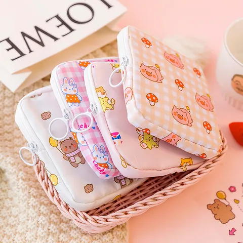 Sac de Maquillage Imprimé Animal Cartoon Mignon Portable En Polyester Imperméable Pochette de Rangement pour Serviette Hygiénique Femme
