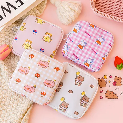 Sac de Maquillage Imprimé Animal Cartoon Mignon Portable En Polyester Imperméable Pochette de Rangement pour Serviette Hygiénique Femme