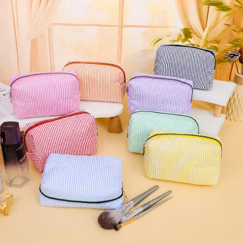 Striped Embroidered Makeup Bag Large Capacity Toiletry Organizer Portable Handheld Travel Cosmetic Storage Bag