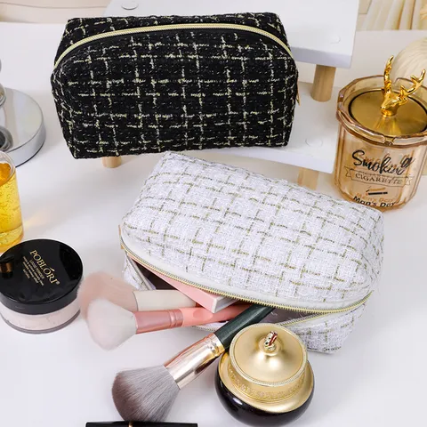 Koreanischer Stil Tweed Schminktasche Große Kapazität Karo Handtasche Tragbare Reise Kulturbeutel Aufbewahrungstasche