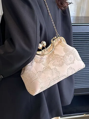 Vintage Chinese Style Velvet Evening Handbag Elegant Floral Embroidery Clutch Pearls Metal Frame Chain Strap Handbag For Cheongsam Women Bag