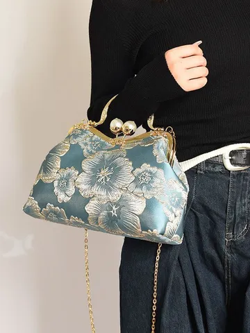 Vintage Chinese Style Velvet Evening Handbag Elegant Floral Embroidery Clutch Pearls Metal Frame Chain Strap Handbag For Cheongsam Women Bag