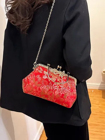 Vintage Chinesischer Stil Stickerei Blumen Bügelverschluss Tasche Für Damen Luxus Strass Schmetterling Handtasche Mit Kette Abendclutch