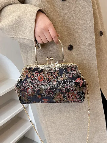 Vintage Chinesischer Stil Stickerei Blumen Bügelverschluss Tasche Für Damen Luxus Strass Schmetterling Handtasche Mit Kette Abendclutch