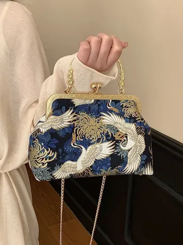 Borsa a Conchiglia Ricamata in Stile Cinese Vintage per Donna Tessuto Satinato con Gru e Fiori Borsa a Mano con Chiusura a Scatto in Metallo Borsa da Sera