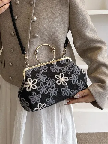 Vintage Elegant Floral Embroidery Velvet Handbag Sequins Evening Bag Gold Handle Chain Shoulder Bag For Qipao Wedding