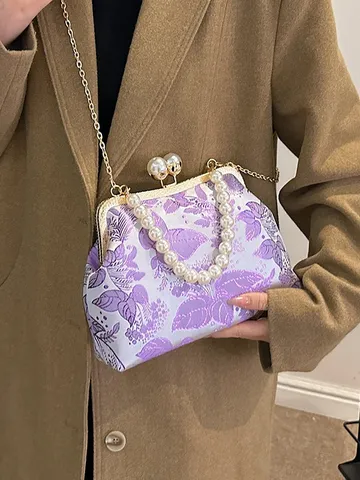 Chinese Style Floral Embroidery Handbag With Artificial Pearl Handle Elegant Retro Kiss Lock Qipao Evening Clutch Bag Crossbody Bag