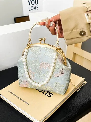 Chinese Style Satin Embroidered Crossbody Phone Bag Pearl Handle Vintage Kiss Lock Clasp Chain Shoulder Bag For Women