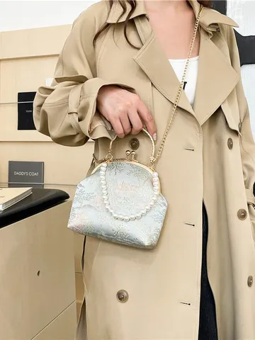 Chinese Style Satin Embroidered Crossbody Phone Bag Pearl Handle Vintage Kiss Lock Clasp Chain Shoulder Bag For Women