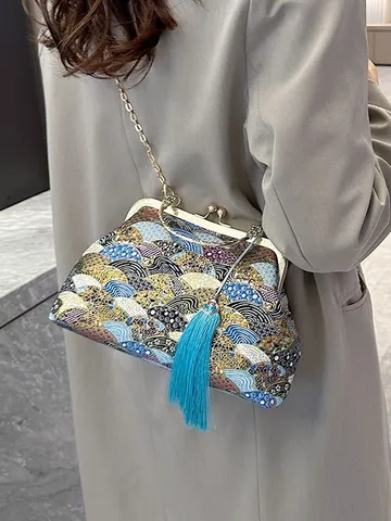 Borsa a Scatto in Velluto Broccato in Nuovo Stile Cinese Borsa Retrò Ricamata con Nappa Elegante Accessorio Cheongsam Donna