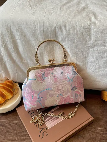 Borsa da Sera a Conchiglia Ricamata in Stile Cinese Borsa a Tracolla con Ricamo Floreale Manico in Bambù Chiusura a Scatto per Donna Festa