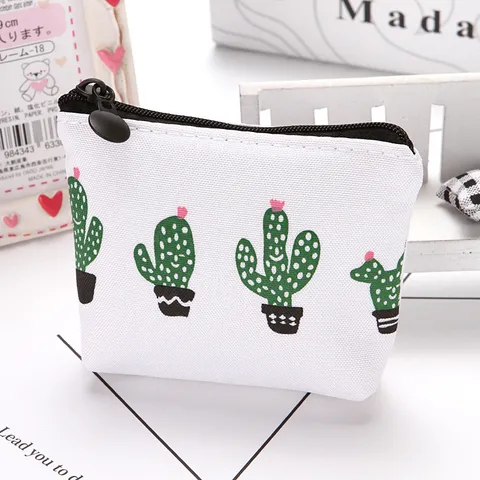 Porte-Monnaie Triangle en Toile Créatif Motif Cactus Frais Pochette à Fermeture Éclair Sac à Clés Joli Portefeuille