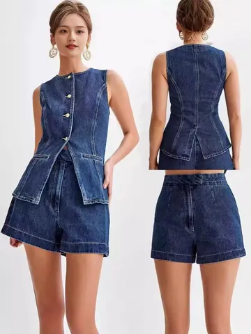 Ensemble Gilet et Short en Denim Décontracté pour Femme Sans Manches Tissu Denim Haut et Bas Couleur Unie Tenue Streetwear Mode