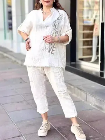 Ensemble Deux Pièces Décontracté en Mélange de Lin pour Femme Col en V Top à Manches Mi-longues et Pantalon Long Ensemble d'Été Ample