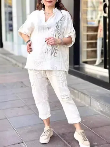 Ensemble Deux Pièces Décontracté en Mélange de Lin pour Femme Col en V Top à Manches Mi-longues et Pantalon Long Ensemble d'Été Ample